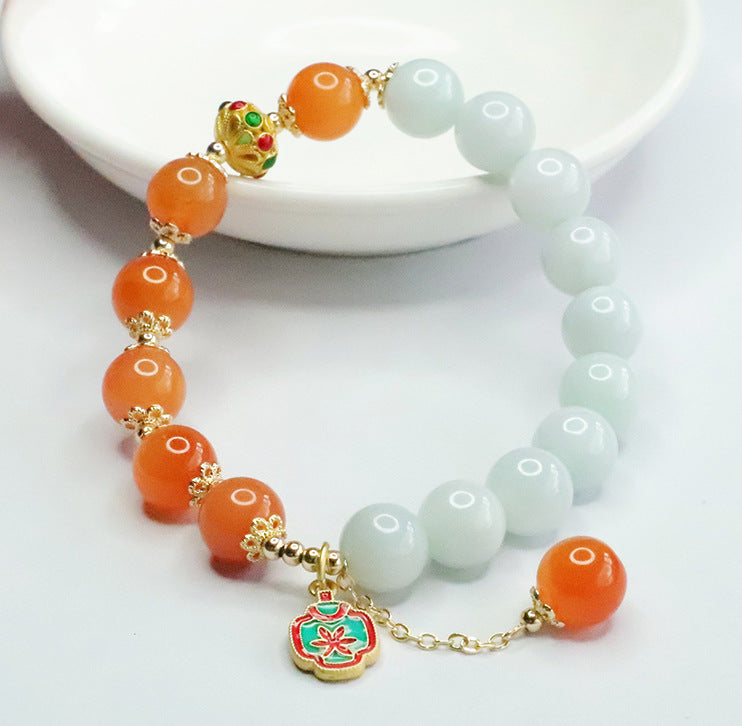 Jadeite Round Bead & Golden Silk Jade 10 mm Beaded Bracelet