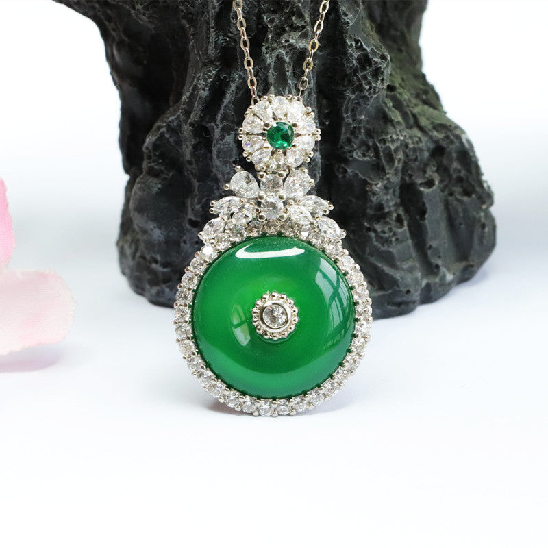 Green Chalcedony Sterling Silver Necklace with Zircon Safety Buckle