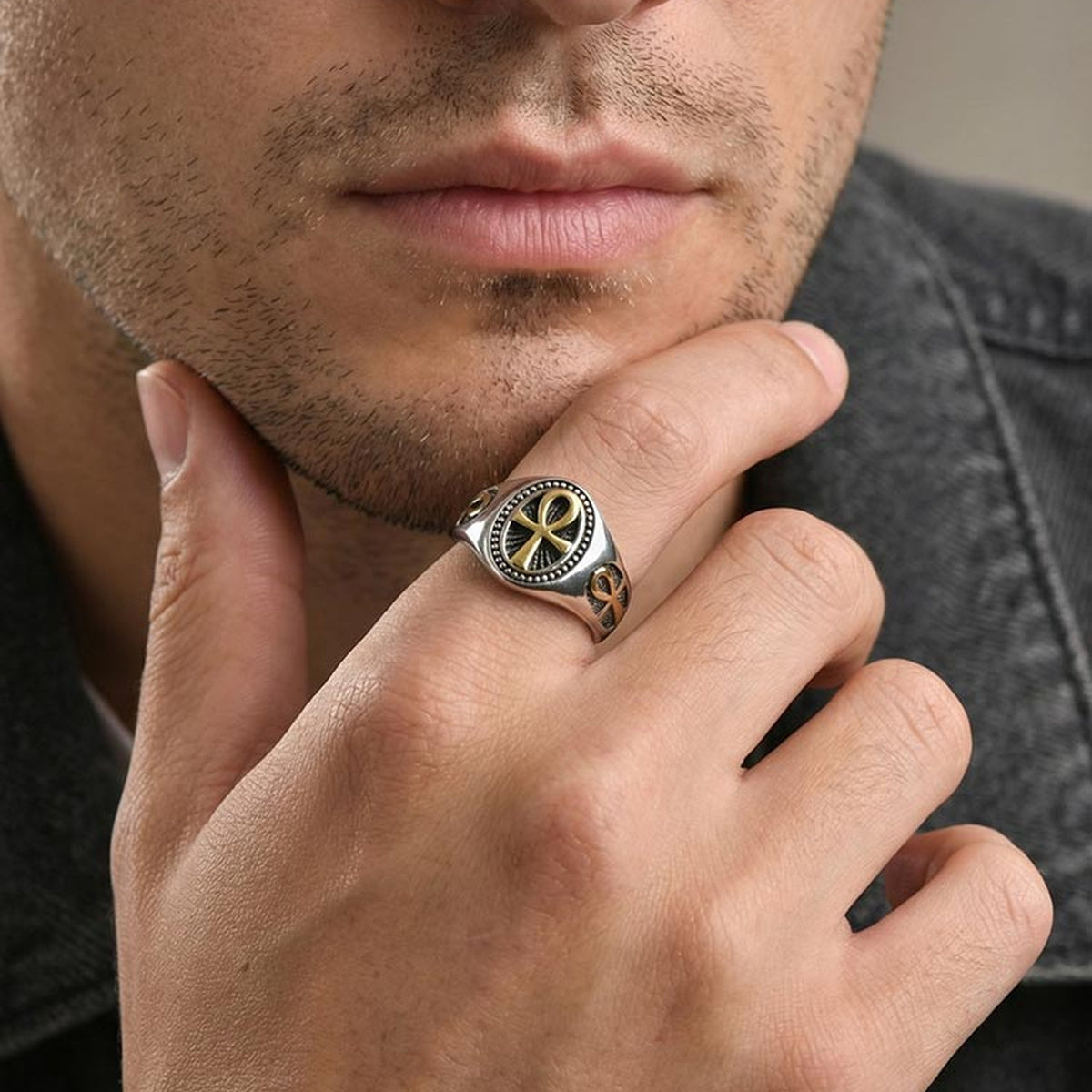Stainless Steel Anka Cross Ring Steel Gold Men's
