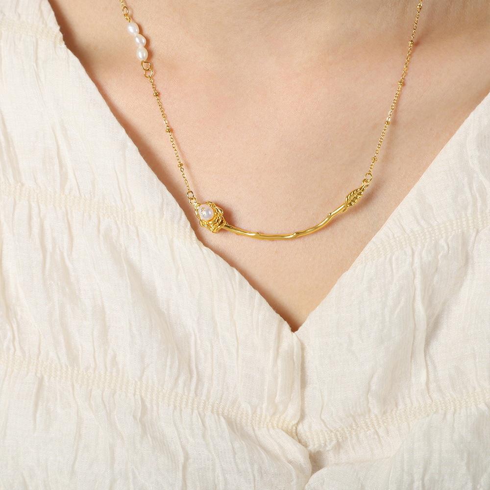 Elegant Titanium Steel Rose Pendant Necklace with Freshwater Pearl - Fashionable Jewelry from Planderful Collection