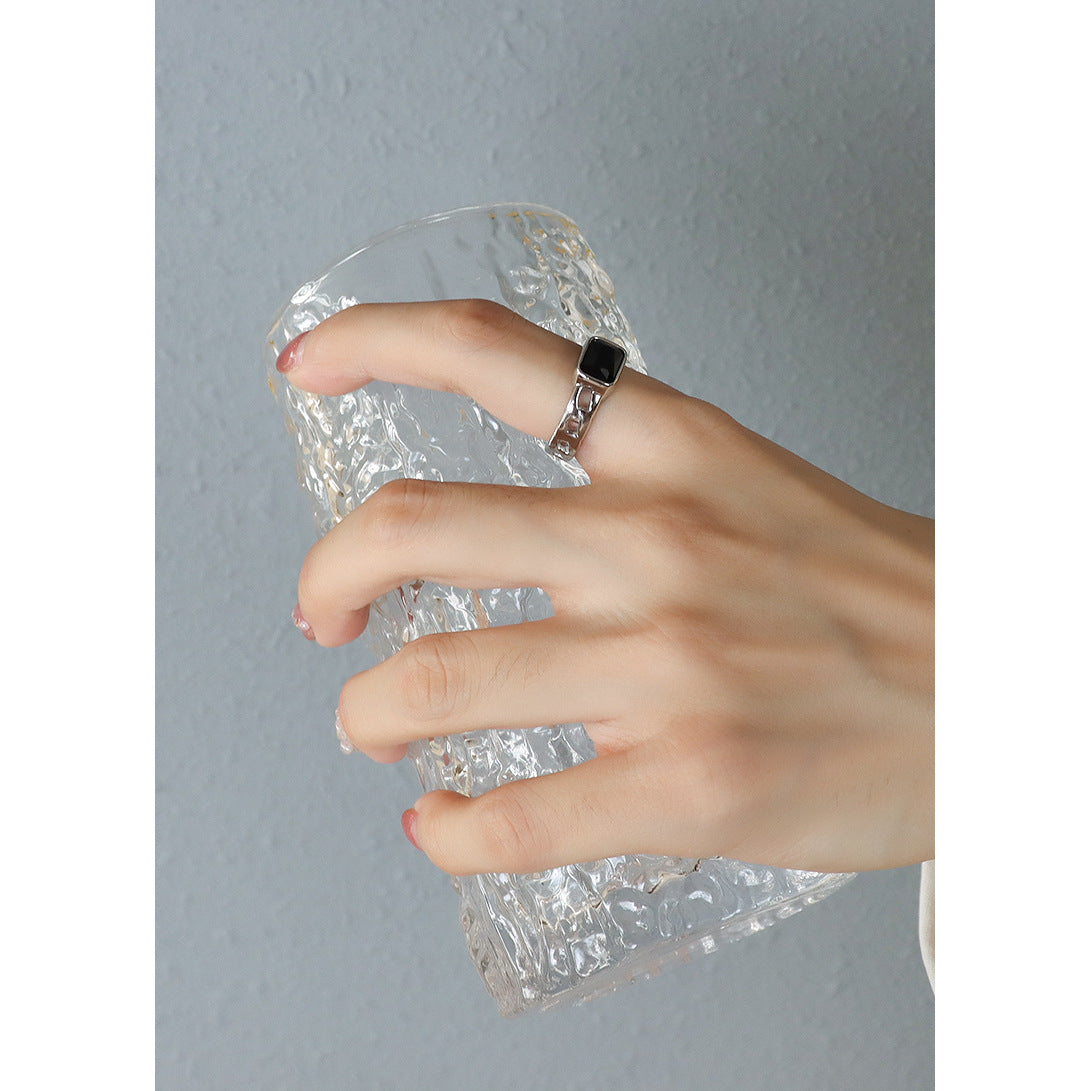 Modern Black Square Zircon Cut Open Ring - Women's Titanium Steel Plated 18K Gold Jewelry