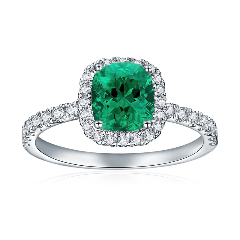S925 Silver Ring 1.5 Carat Cushion Cut Lab Grown Emerald Halo