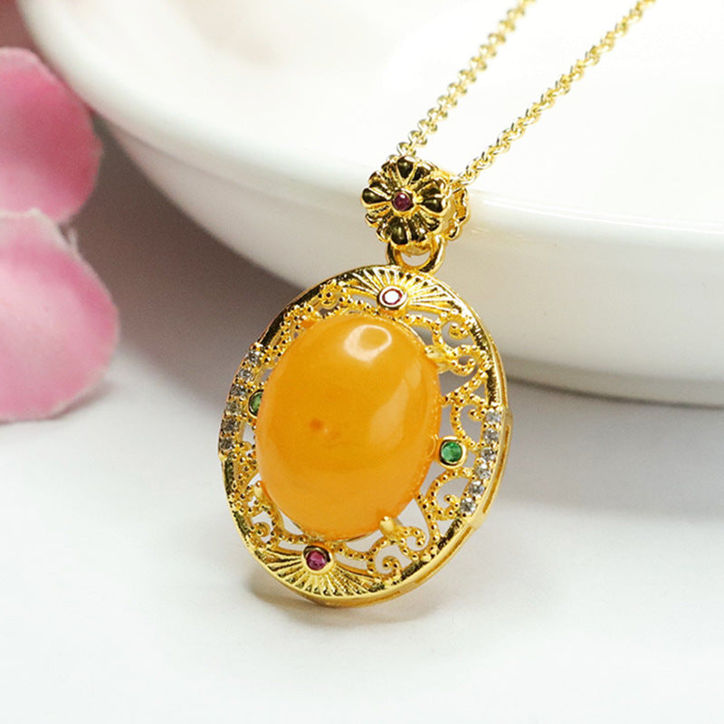 Vintage Zircon Hollow Beeswax Amber Pendant Necklace with Golden Sterling Silver Chain