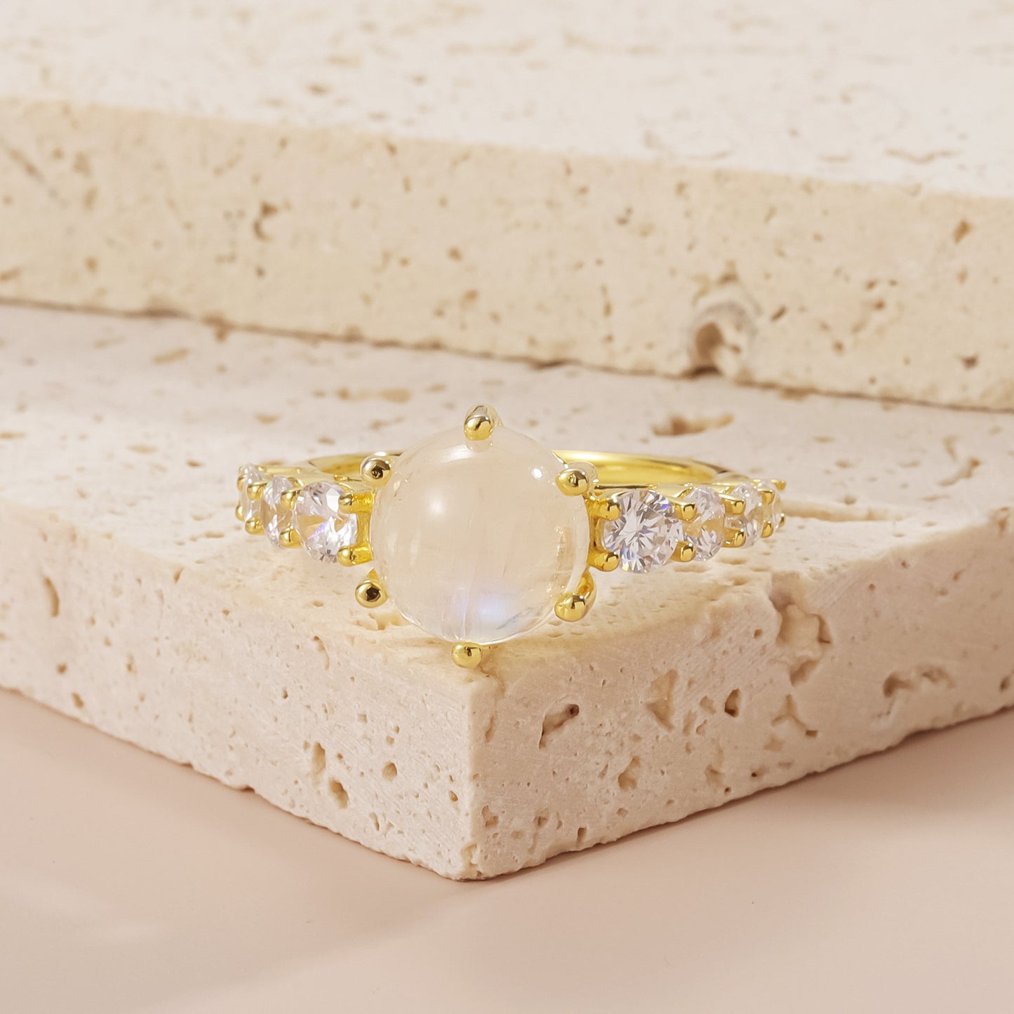 Gold Gemstone Ring 2.7 Carat 18k Gold Plated S925 Sterling Silver with Natural Moonstone