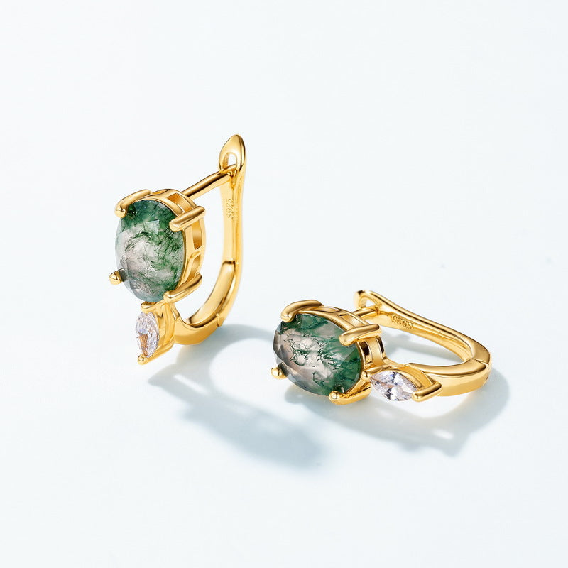 S925 Sterling Silver Moss Agate Minimalist Stud Earrings