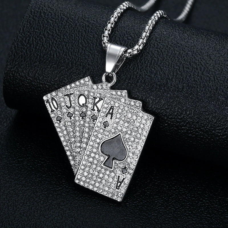 Planderful Hip Hop Jewelry Stainless Steel Gold Plated Rhinestone Playing Card Pendant Necklace For Urban Fashion Lovers
