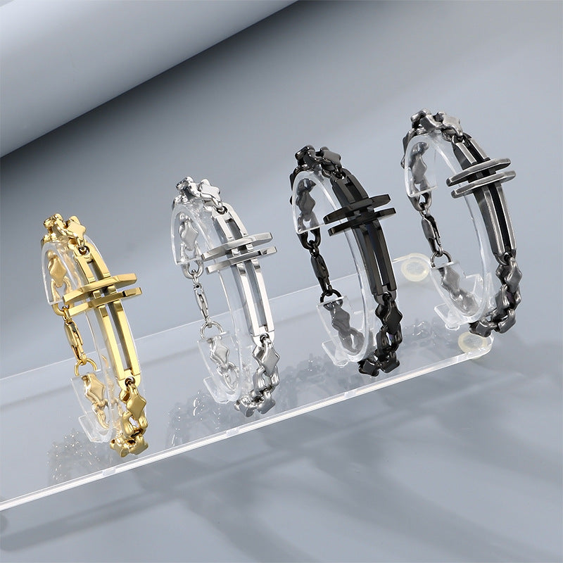 Hip-Hop Hand-Spliced – Niche Double-Layer Hollow Cross Rhombus Chain – Titanium Steel Bracelet