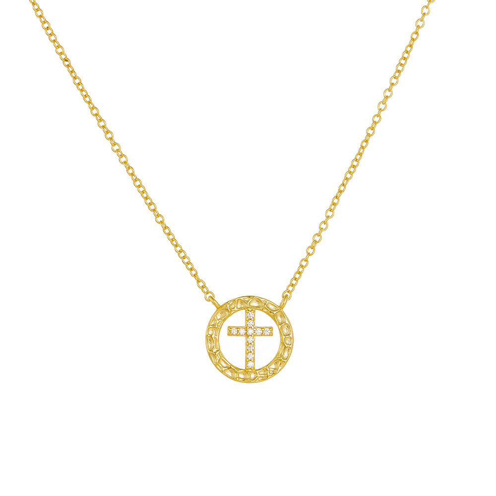 925 Sterling Silver Round Hollow Inlaid Zircon Cross Necklace