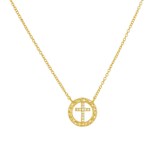 925 Sterling Silver Round Hollow Inlaid Zircon Cross Necklace