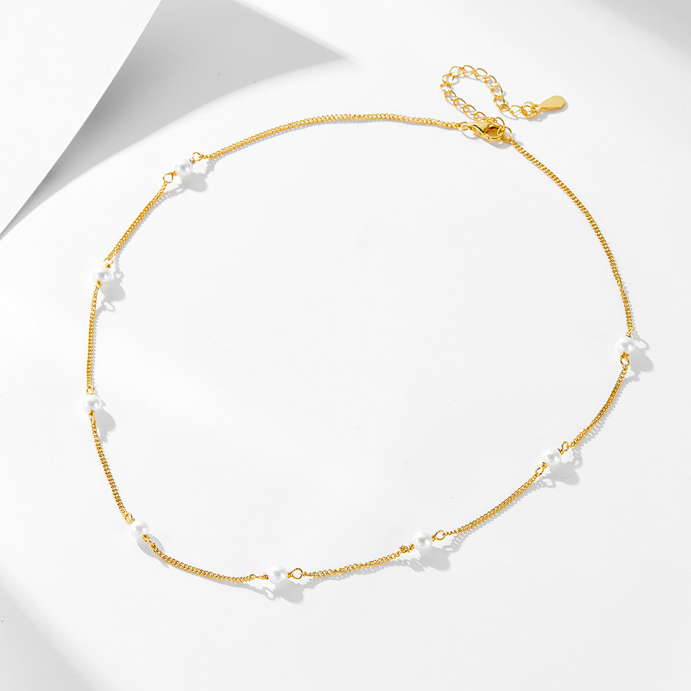S925 Sterling Silver Pearl Necklace Stacked Choker