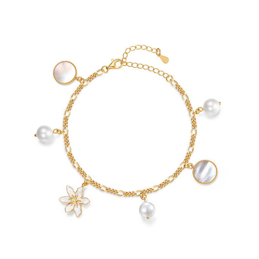 White Daffodil Mother of Pearl and Round Pearl Sterling Silver Bracelet