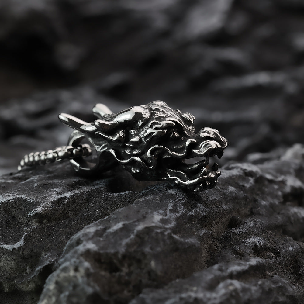 European And American Retro Stainless Steel Dragon Head Pendant Necklace For Men