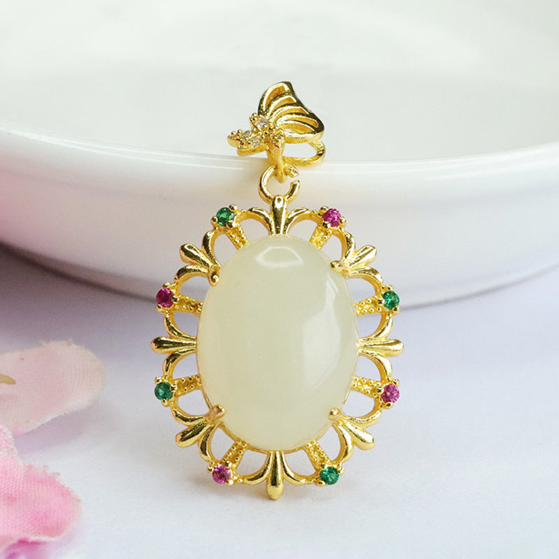 Jade Butterfly Necklace with Hetian Jade Pendant and Pigeon Eggs