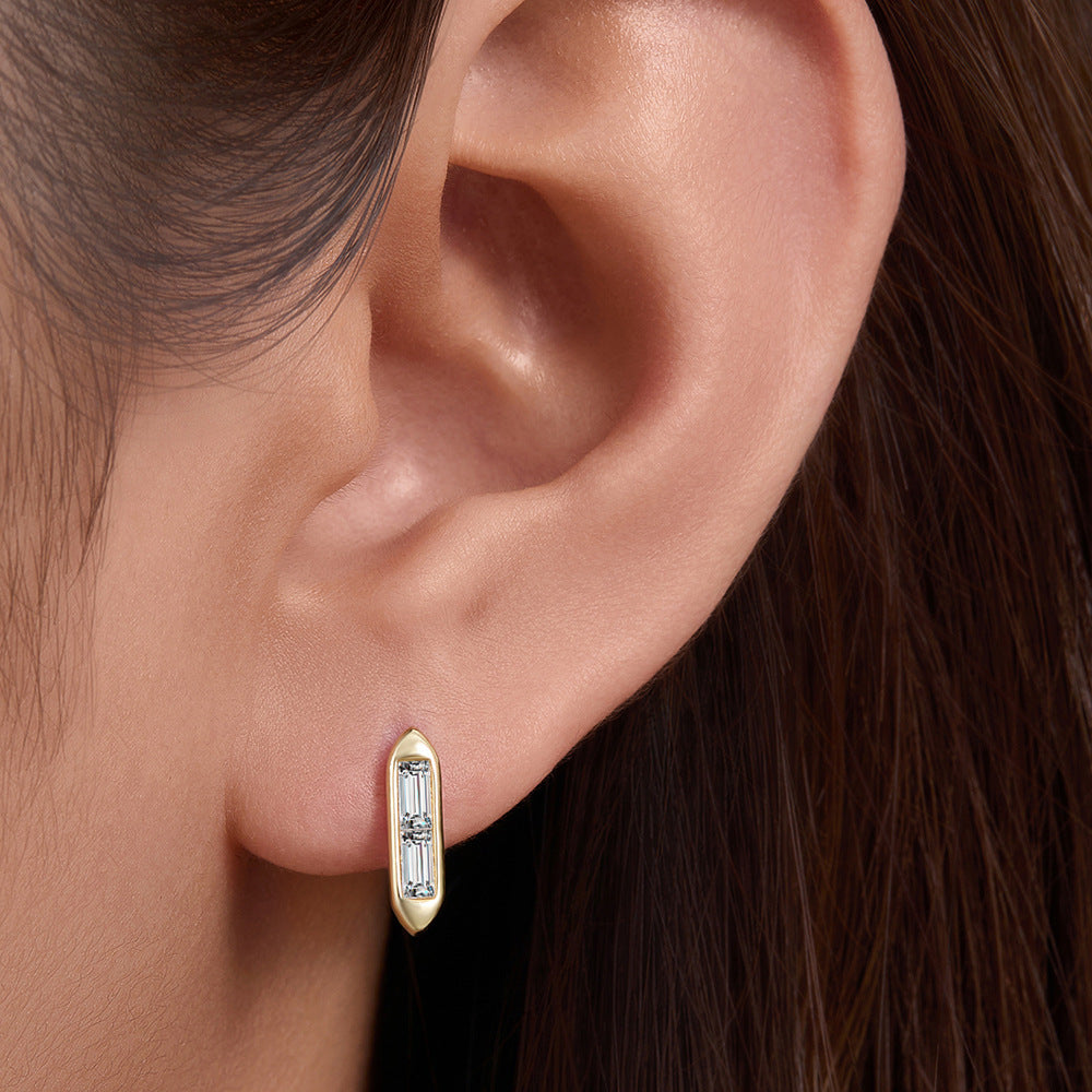 Korean Version S925 Sterling Silver Geometric Versatile Square Strip Inlaid Zircon Stud Earrings
