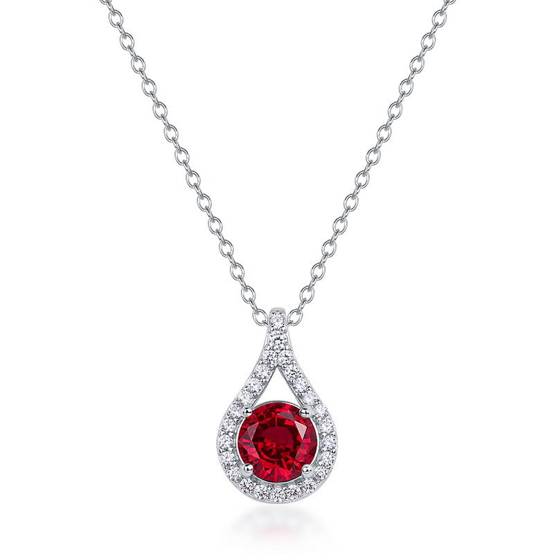 S925 Sterling Silver Lab-Grown Ruby Teardrop Pendant Necklace