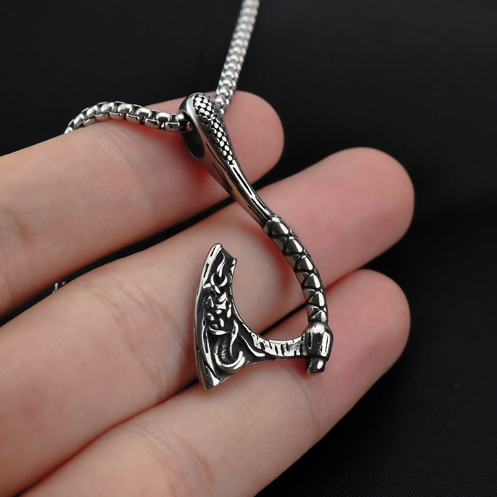 Titanium Steel Pendant Necklace Versatile For Men Norse Viking Axe Retro Hip Hop Style Planderful