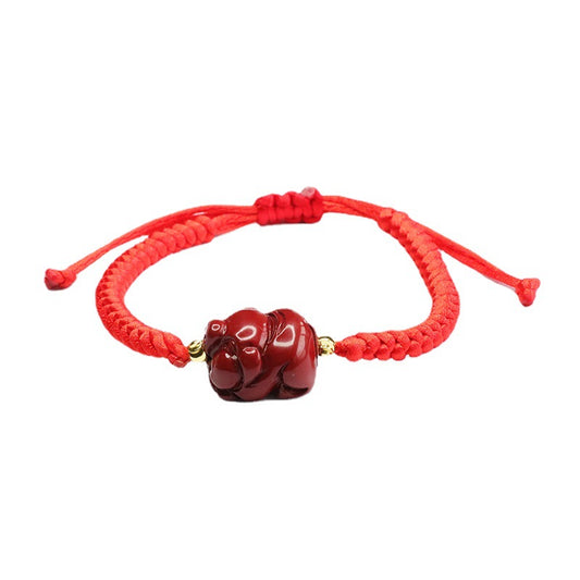 Zodiac Pig Sterling Silver Bracelet with Cinnabar Stone