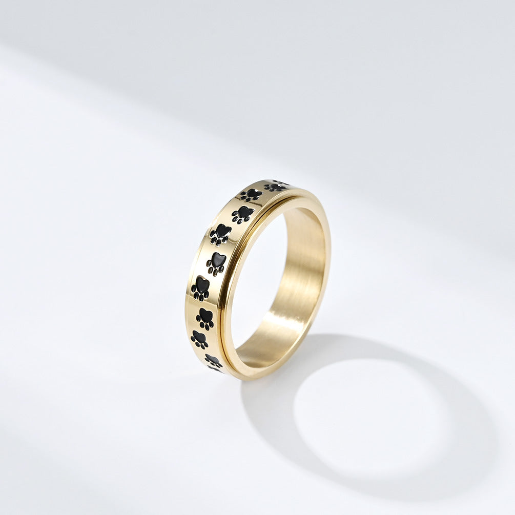 Steel Ring – Dainty Rotatable Puppy Palm Print INS Style