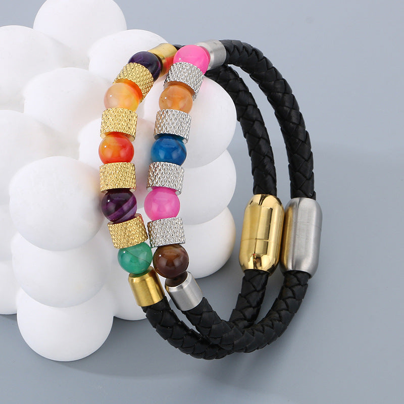 Bohemian Quartz Stone Beaded Leather Rope Bracelet – Magnetic Buckle Bracelet – Leather