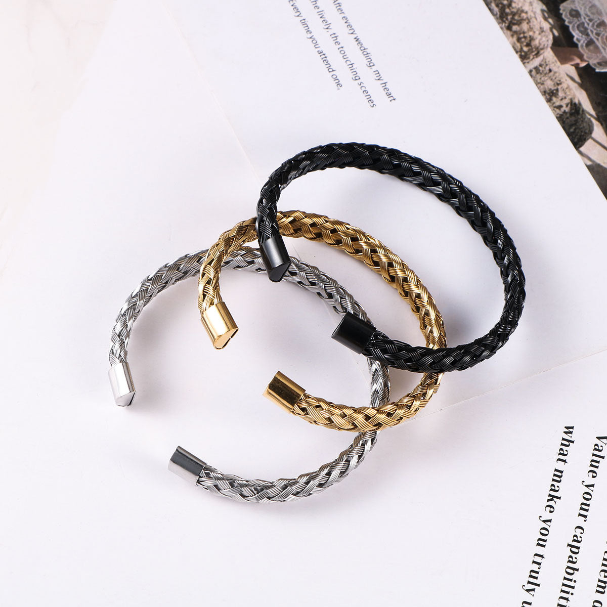 Stainless Steel Bracelet – Braided Steel Wire Open Bracelet – Unisex