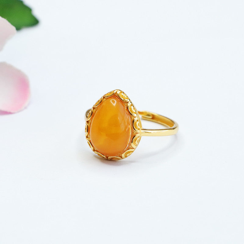 Silver Water Drop Amber Ring