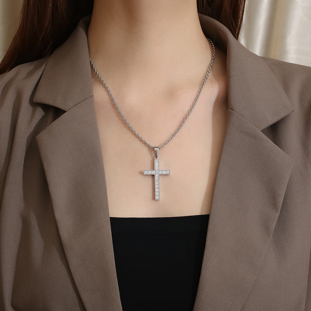 Planderful Titanium Steel Cross Necklace With Zircon Stones Unisex Luxury Jewelry