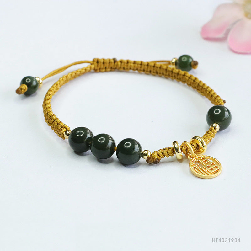 Hetian Jasper Fortune Charm Cord Bracelet