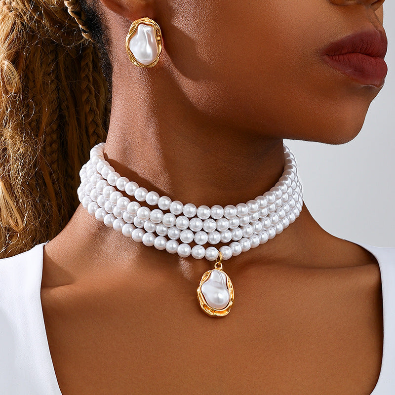 Gorgeous Multi-Layered Pearl Necklace Earrings Set for Women