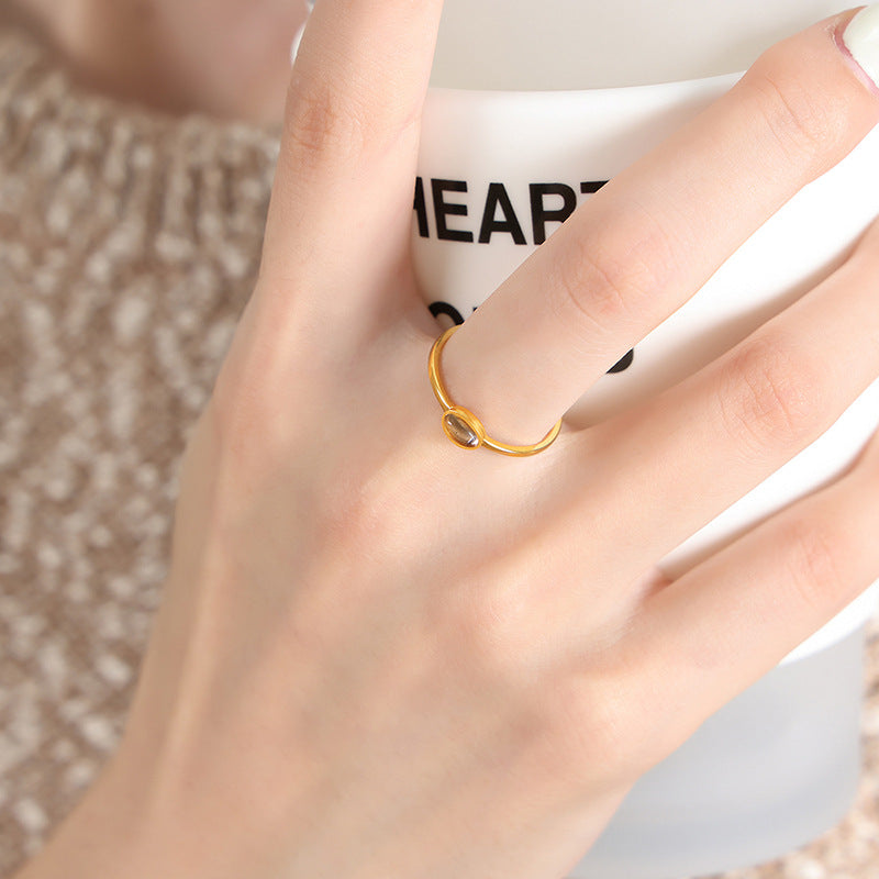 Colorful Spar Inlay Titanium Steel Gold-Plated Thin Ring - Korean Style Women's Jewelry