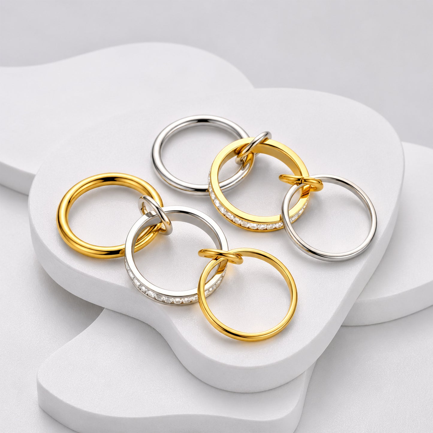 Interlocking Chain Ring Planderful Light Luxury Zircon Inlaid Stainless Steel Unisex Gold Silver