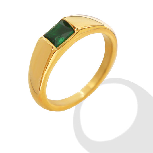 Elegant Titanium Steel Ring with Green Zircon Inlay - 18K Gold Plated