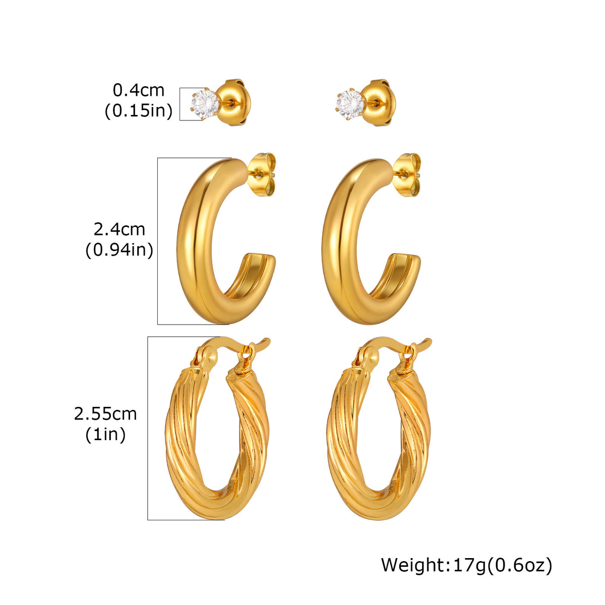 Gold-Tone Earring Set — Crystal Studs or Hoops