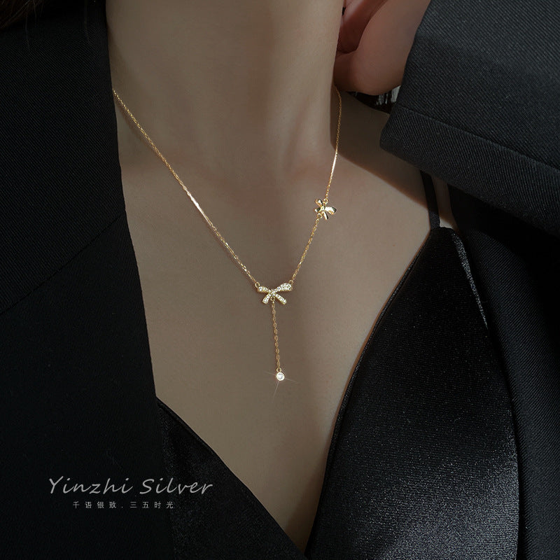 Planderful 925 Sterling Silver Bow Tassel Necklace For Women Niche Design Elegant Luxury
