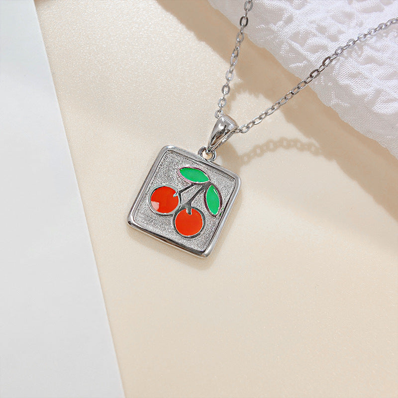 Ins Style Simple Square Cherry Necklace Women's S925 Sterling Silver Cute Collarbone Chain