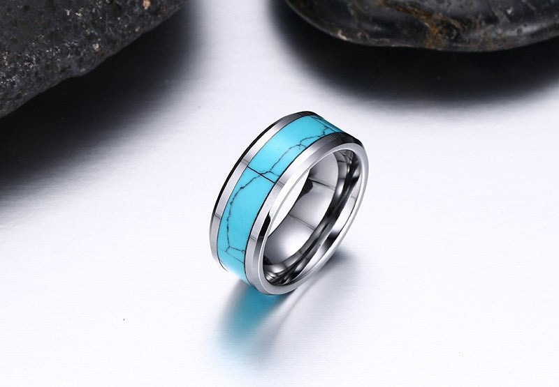 Tungsten Steel Ring Gold Flat Edge Turquoise Wholesale Men