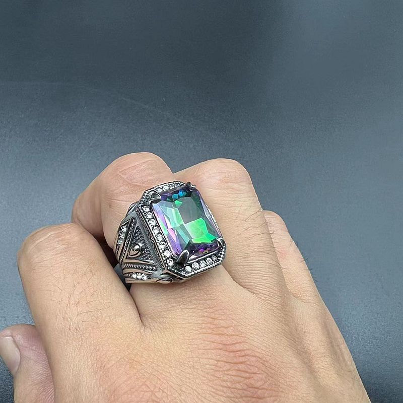 Planderful Titanium Steel Ring For Men Retro Punk Style With Colorful Inlaid Synthetic Gemstones