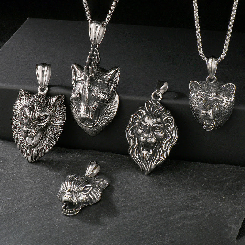 Animal Shape Old, Punk Lion Head Wolf Head Fox Titanium Steel Men's Pendant Necklace