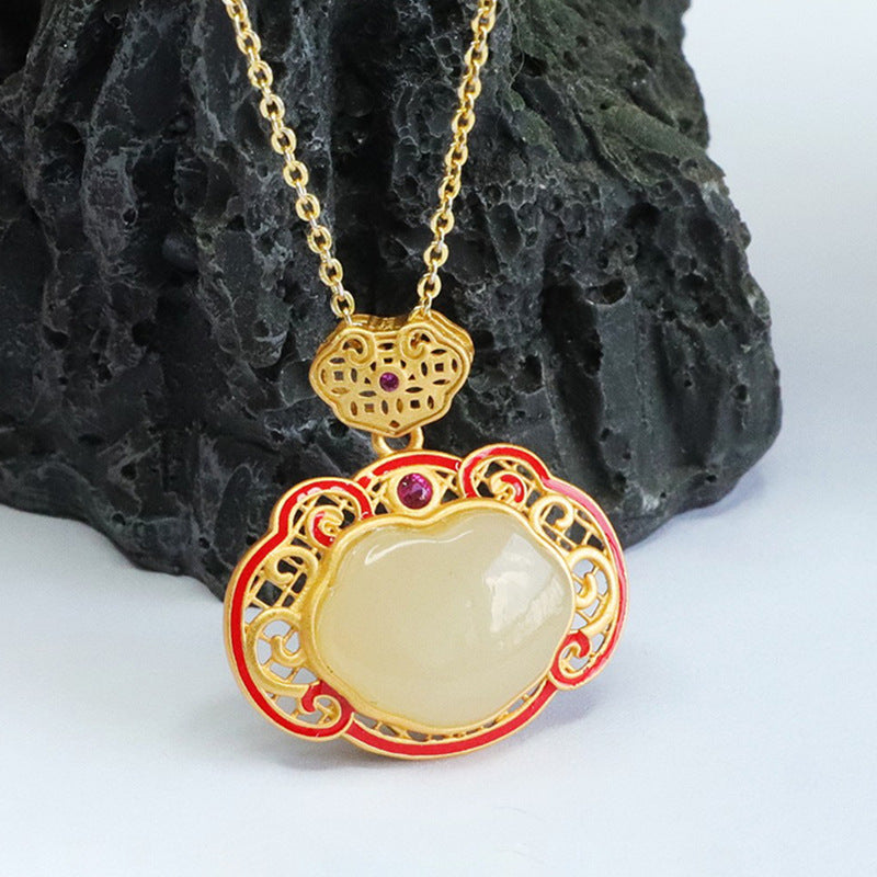 Red Ruyi Jade Pendant Necklace crafted in Sterling Silver