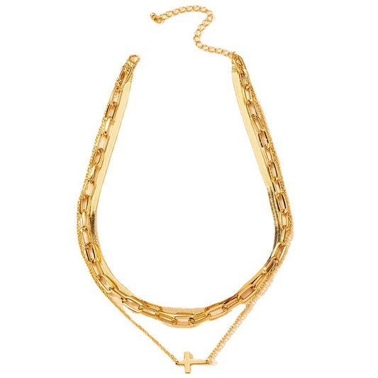 Korean Style Triple Metal Chain Cross Pendant Necklace - Elegant Collarbone Jewelry