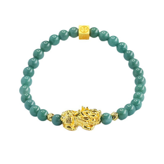 Blue Water Jadeite Pixiu & Round Bead 5.8 mm Bracelet