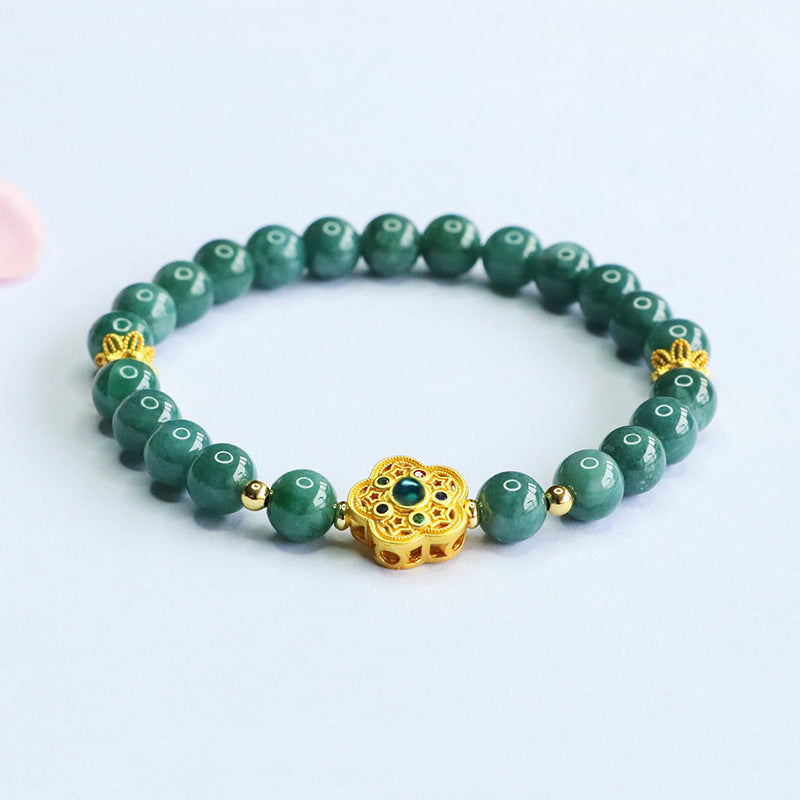 Blue Water Jadeite Five-Petal Flower Beaded Bracelet
