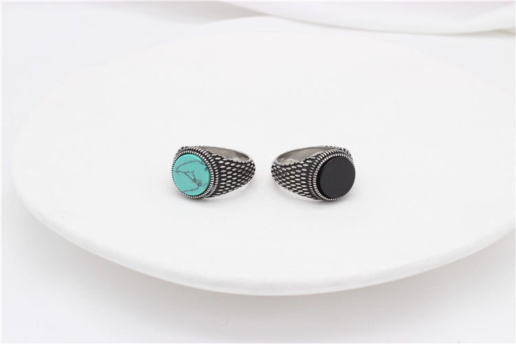 Planderful Turquoise Stone Titanium Steel Ring Unisex Retro European And American Style Personalized Protection