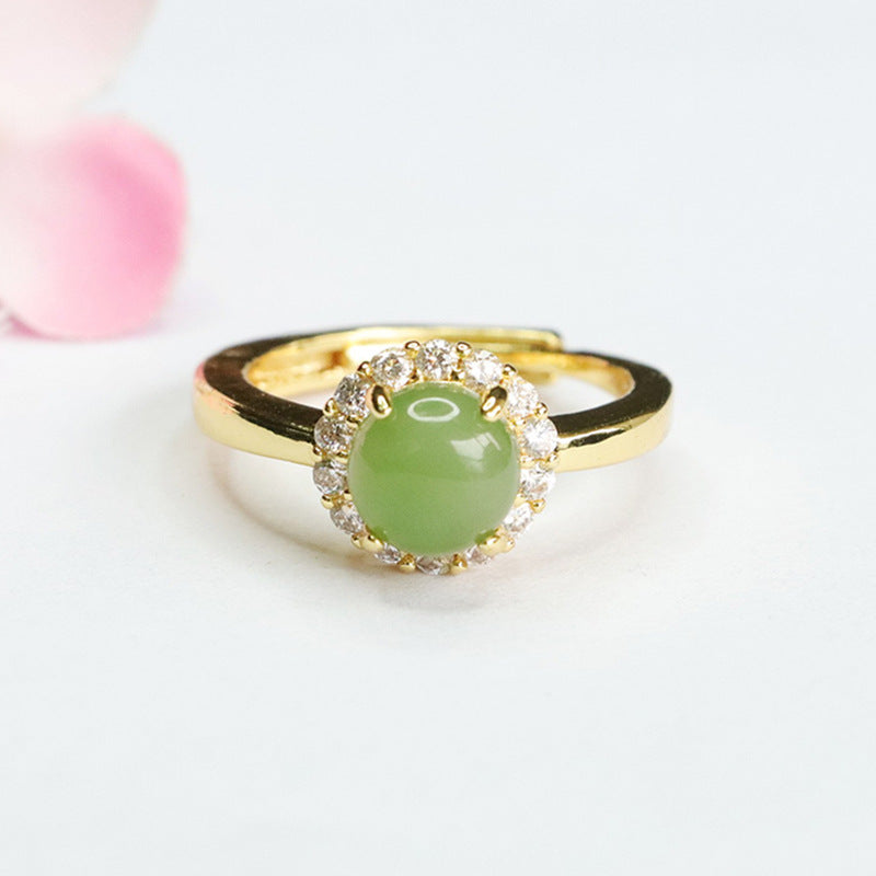 Elegant Hotan Jade and Zircon Halo Sterling Silver Ring