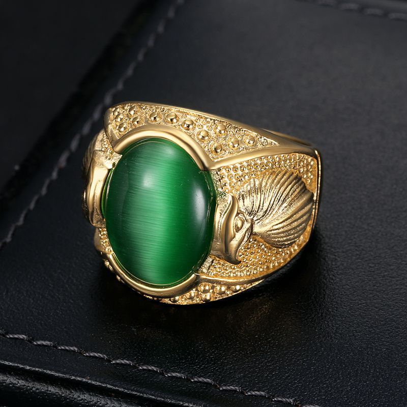 Planderful Collection Hip Hop Ring Gold Plated Rhinestone Opal Stainless Steel Eagle Mens