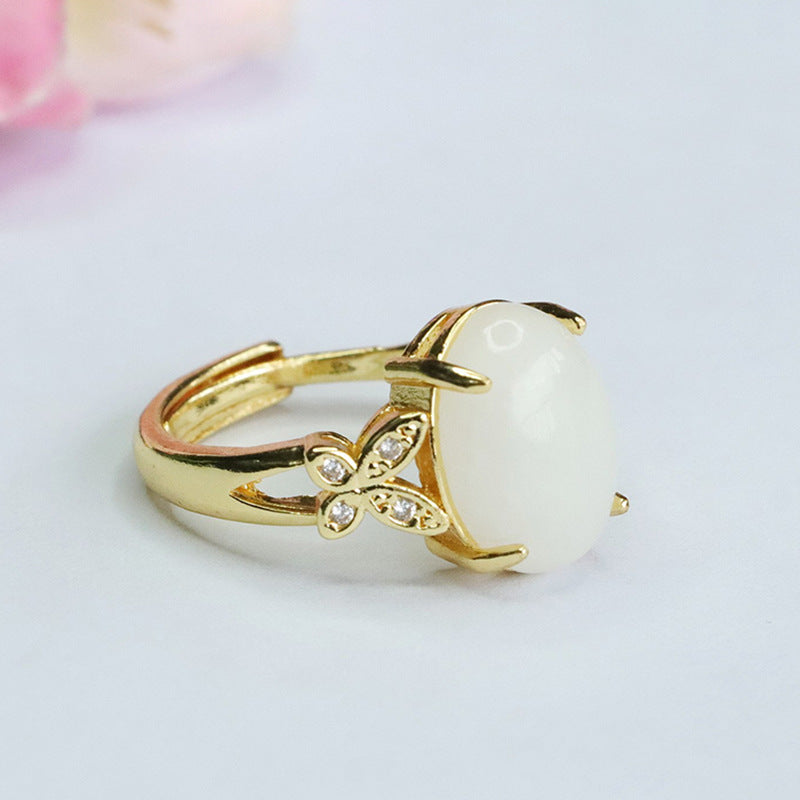 Elegant Butterfly Natural Hotan Jade and Sterling Silver Ring