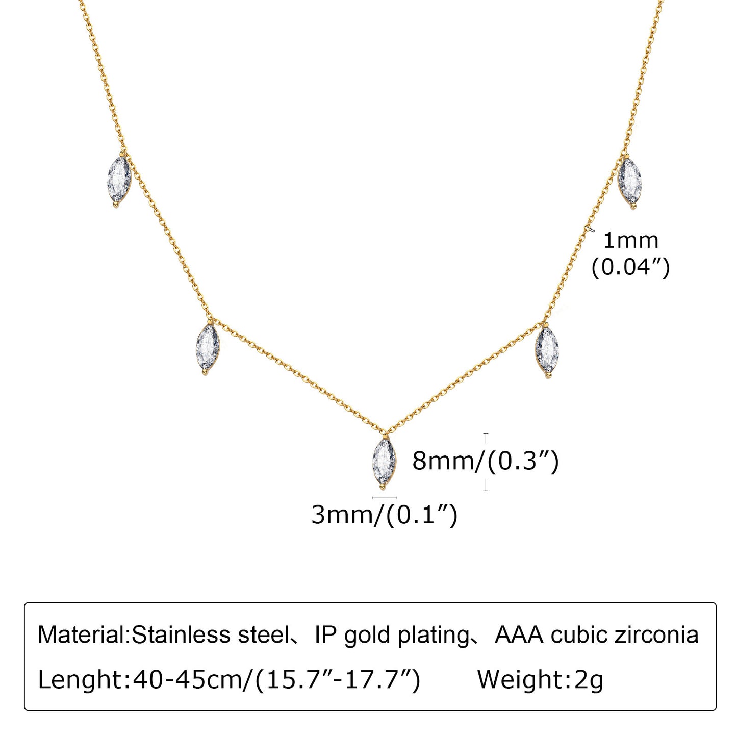 Stainless Steel Horse Eye Zircon Flat Cross Necklace 18K Gold