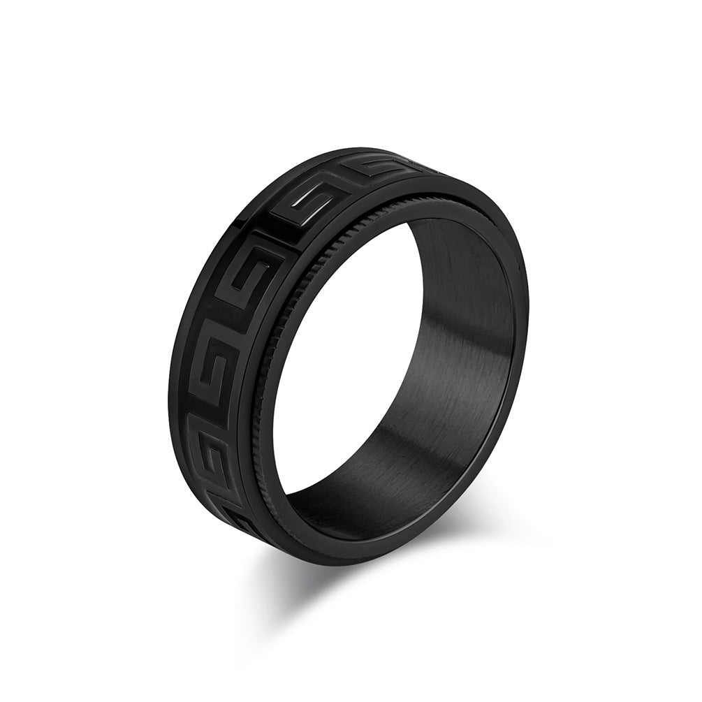 Planderful Rotatable Decompression Ring For Men With Retro Great Wall Pattern In Titanium Steel