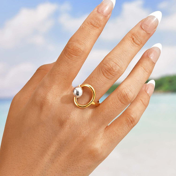 Stainless Steel Irregular Line Steel Ball Open Ring Gold