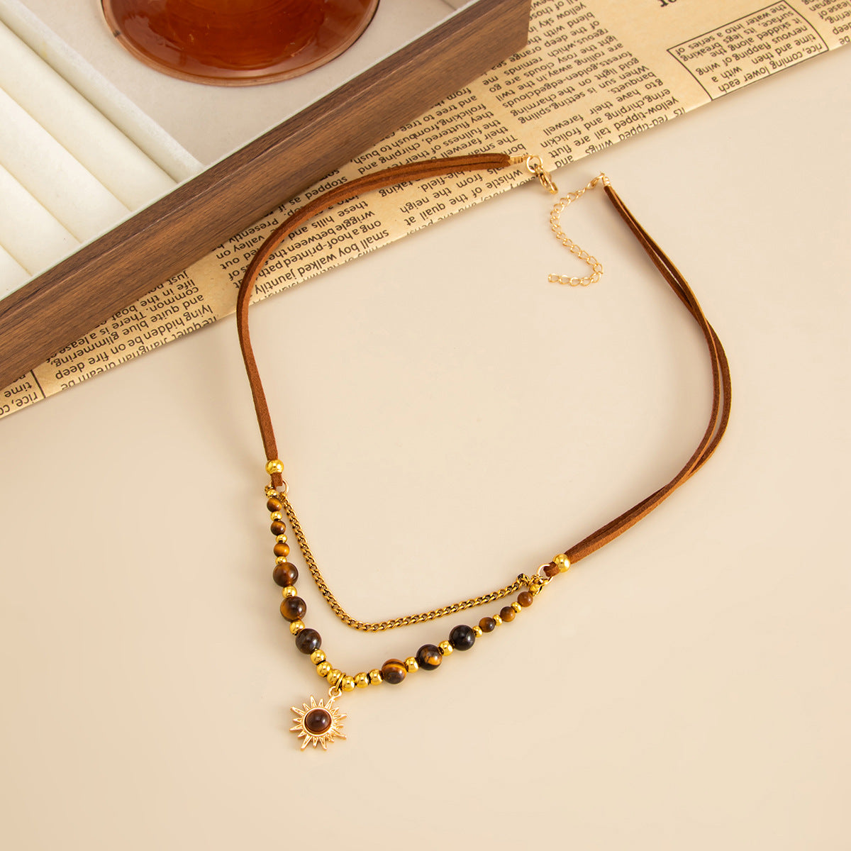 Vintage Merald-Style Tiger Stone Necklace Design With Layered Star-Shaped Sweater Chain Necklace
