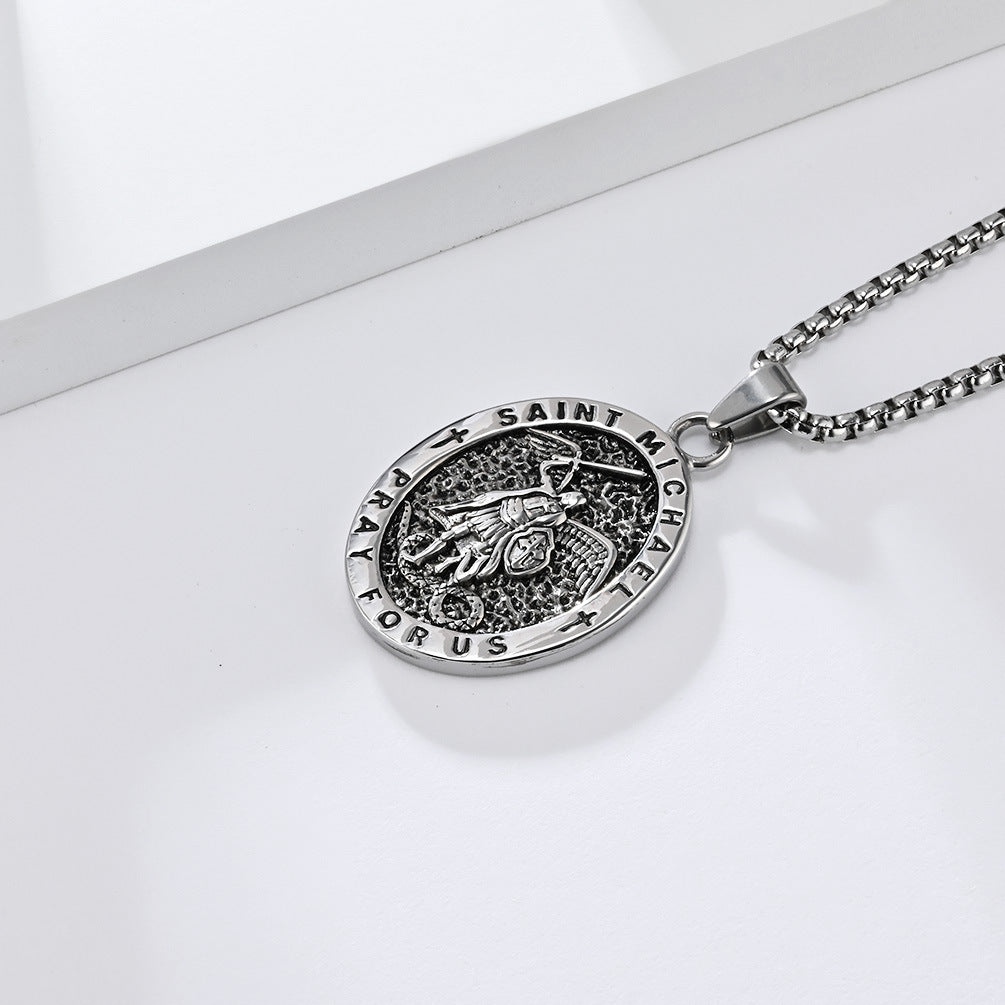 European and American Retro St. Michael's Archangel Titanium Steel Necklace for Men